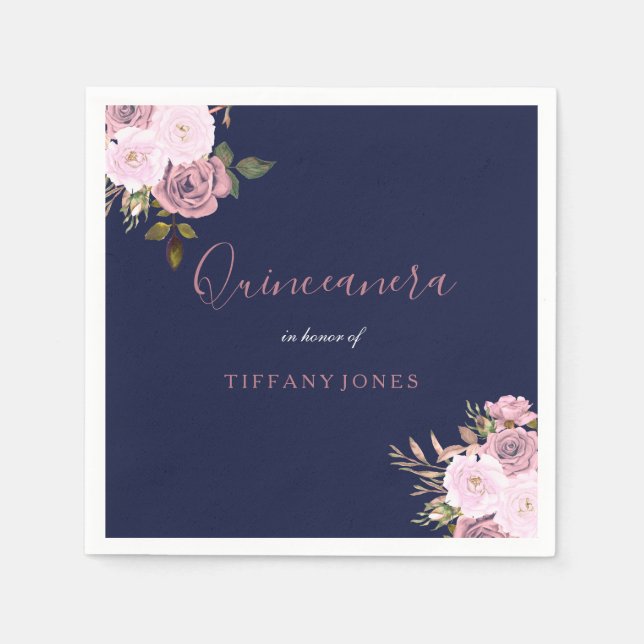 Navy Blue & Rose Gold Floral Quinceanera Party Napkins (Front)