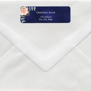 Navy blue rose gold floral return address label