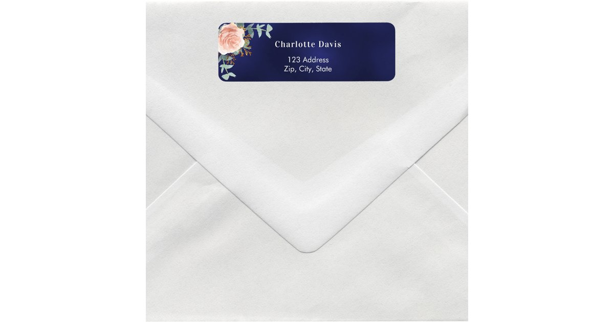 Navy blue rose gold floral return address label | Zazzle