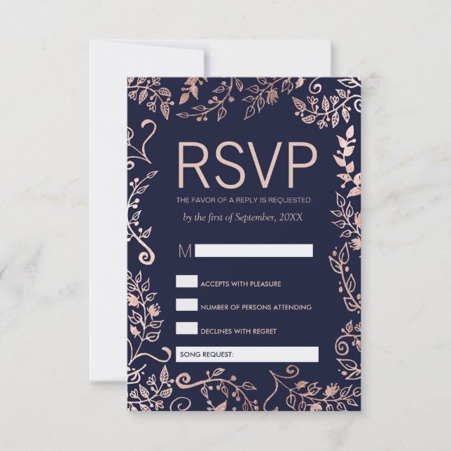 Navy Blue Rose Gold Floral RSVP and Song Request (Front)