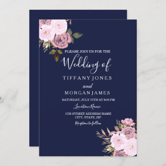 Navy Blue & Rose Gold Floral Wedding Invite