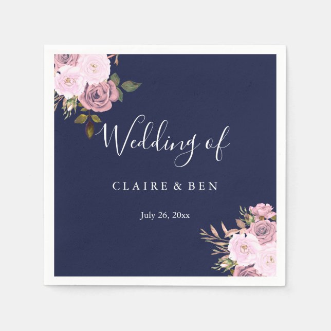 Navy Blue & Rose Gold Floral Wedding Reception Napkins (Front)
