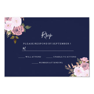 Navy Blue & Rose Gold Floral Wedding RSVP Card