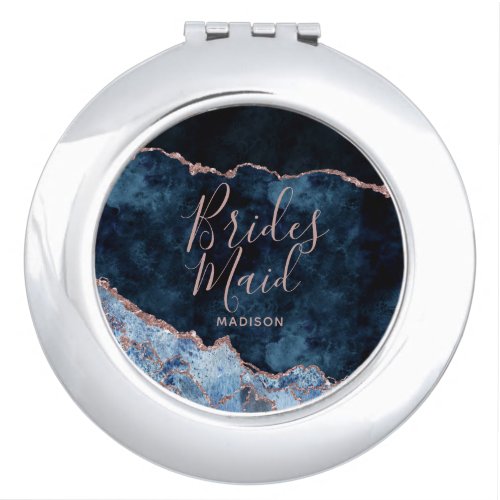 Navy Blue  Rose Gold Foil Agate Marble Bridesmaid Compact Mirror