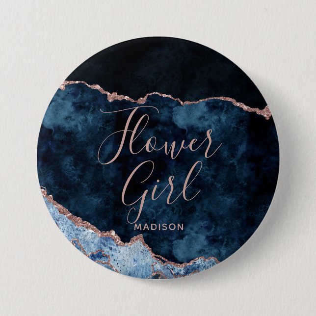 Navy Blue Rose Gold Foil Agate Marble Flower Girl Button (Front)