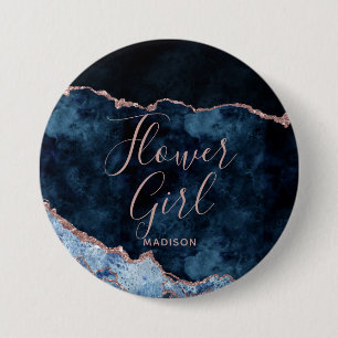 Navy Blue Rose Gold Foil Agate Marble Flower Girl Button