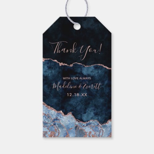 Navy Blue  Rose Gold Foil Agate Marble Thank You Gift Tags