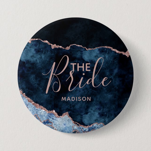 Navy Blue & Rose Gold Foil Agate Marble the Bride Button (Front)