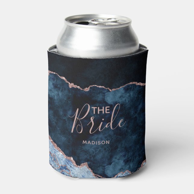 Navy Blue & Rose Gold Foil Agate Marble the Bride Can Cooler (Can Front)