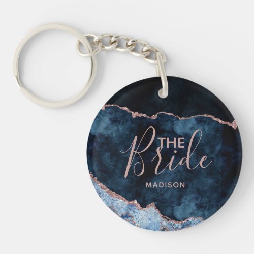Navy Blue  Rose Gold Foil Agate Marble the Bride Keychain