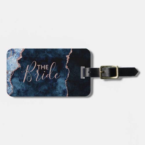 Navy Blue  Rose Gold Foil Agate Marble the Bride Luggage Tag