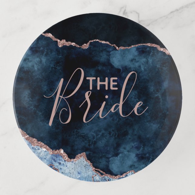Navy Blue & Rose Gold Foil Agate Marble the Bride Trinket Tray (Front)