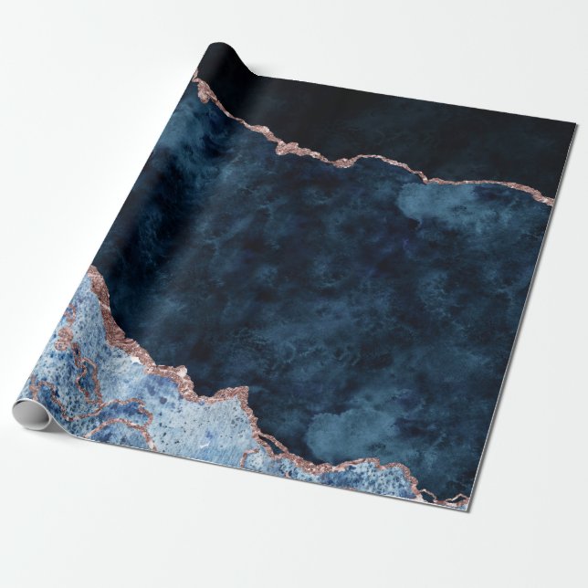 Navy Blue & Rose Gold Foil Agate Marble Wrapping Paper (Unrolled)