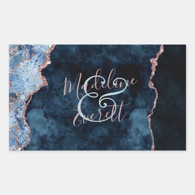 Navy Blue Rose Gold Foil Agate Monogram Wedding Rectangular Sticker (Front)