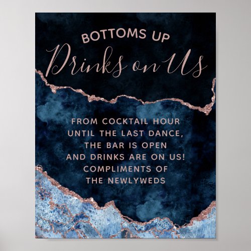 Navy Blue Rose Gold Foil Agate Open Bar Table Sign