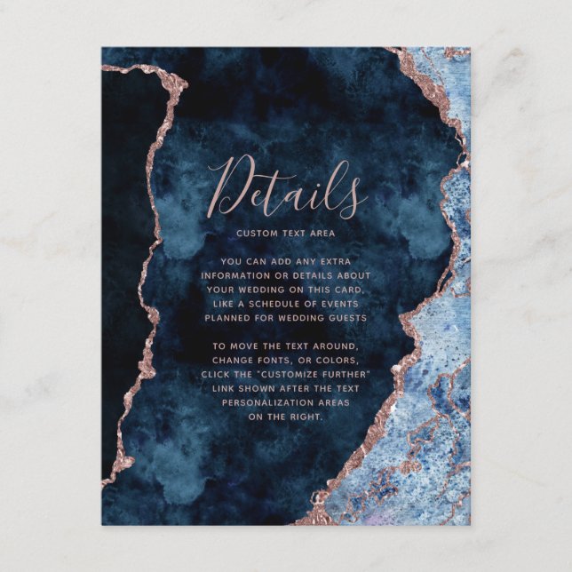 Navy Blue Rose Gold Foil Agate Wedding Details Enclosure Card (Front)