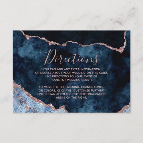 Navy Blue Rose Gold Foil Agate Wedding Directions Enclosure Card