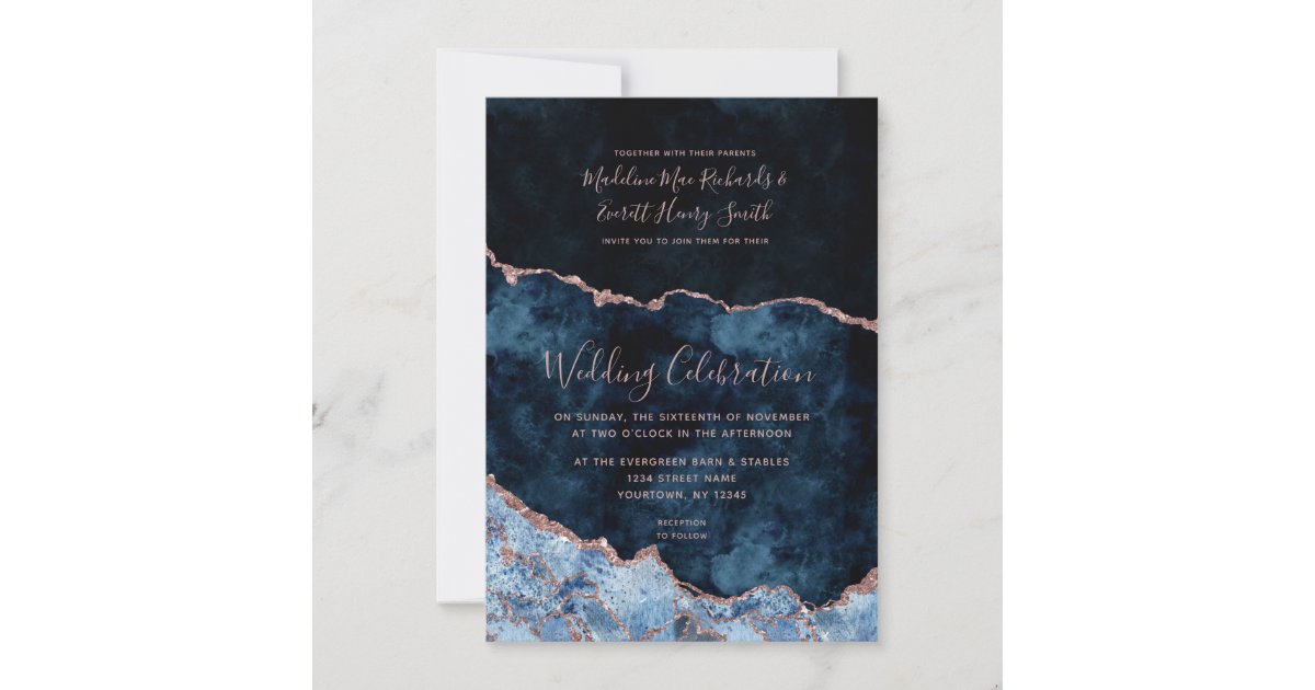 Navy Blue Rose Gold Foil Agate Wedding Invitations | Zazzle.com