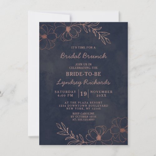 Navy Blue  Rose Gold Foil Bridal Brunch Shower Invitation