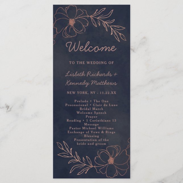 Navy Blue & Rose Gold Foil Chic Wedding Ceremony Program (Front)