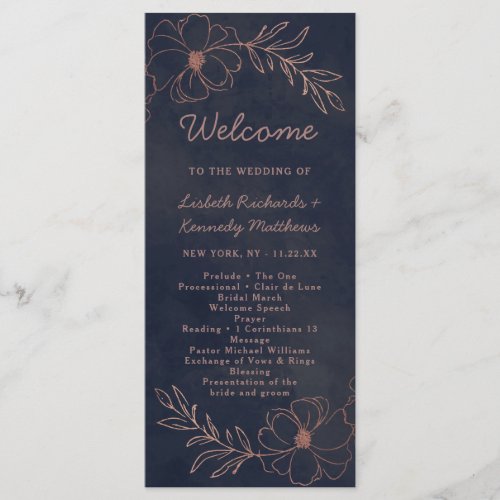 Navy Blue  Rose Gold Foil Chic Wedding Ceremony Program