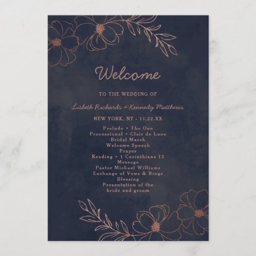 Navy Blue  Rose Gold Foil Chic Wedding Ceremony Program