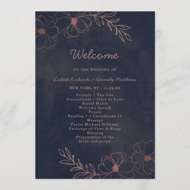 Navy Blue & Rose Gold Foil Chic Wedding Ceremony Program (Front)