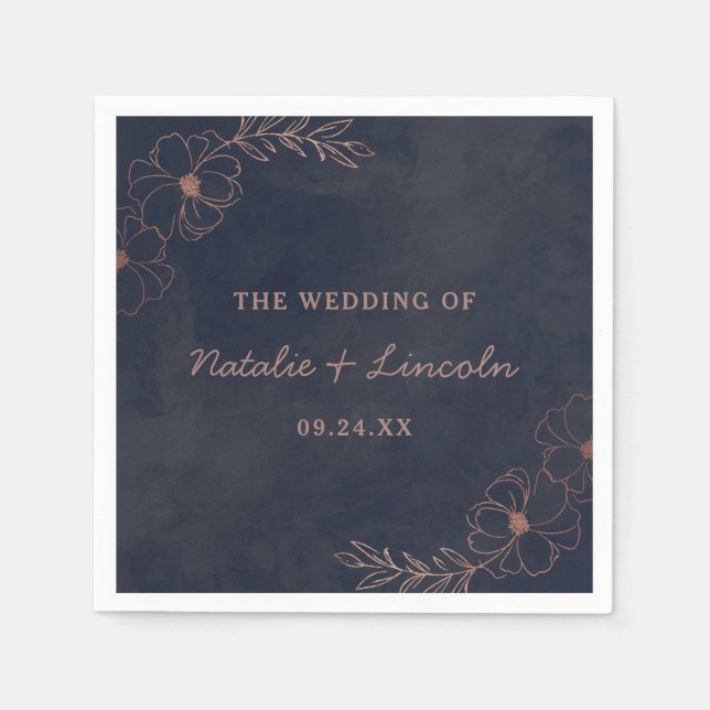 Navy Blue & Rose Gold Foil Chic Wedding Monogram Napkins (Front)