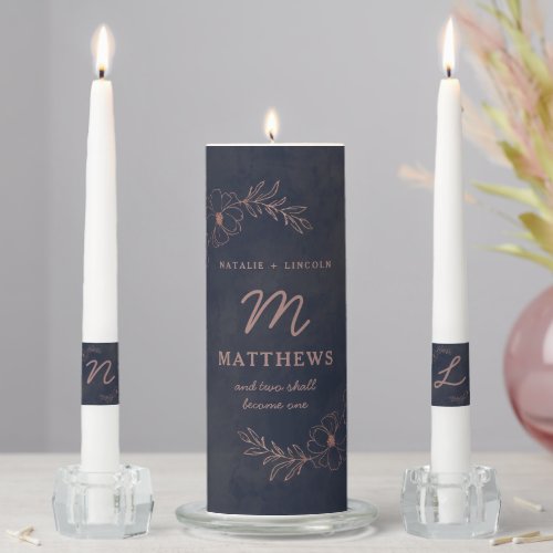 Navy Blue  Rose Gold Foil Chic Wedding Monogram Unity Candle Set