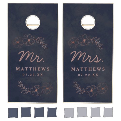 Navy Blue  Rose Gold Foil Chic Wedding Mr  Mrs Cornhole Set