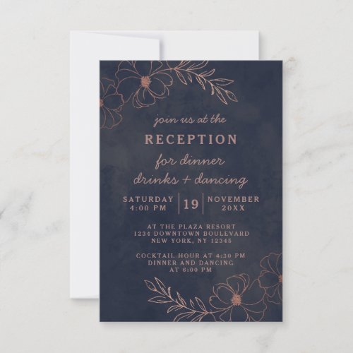 Navy Blue  Rose Gold Foil Chic Wedding Reception Invitation