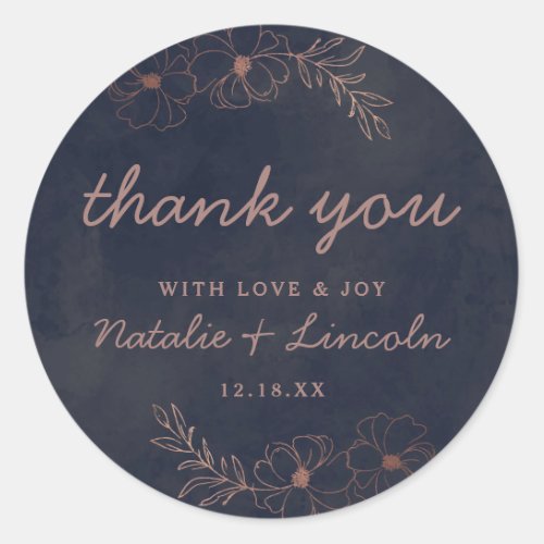 Navy Blue  Rose Gold Foil Chic Wedding Thank You Classic Round Sticker
