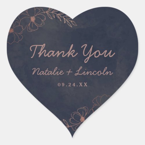 Navy Blue  Rose Gold Foil Chic Wedding Thank You Heart Sticker