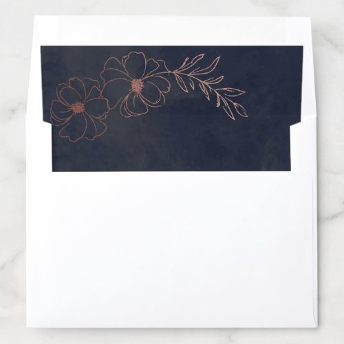 Navy Blue  Rose Gold Foil Floral Border Wedding Envelope Liner