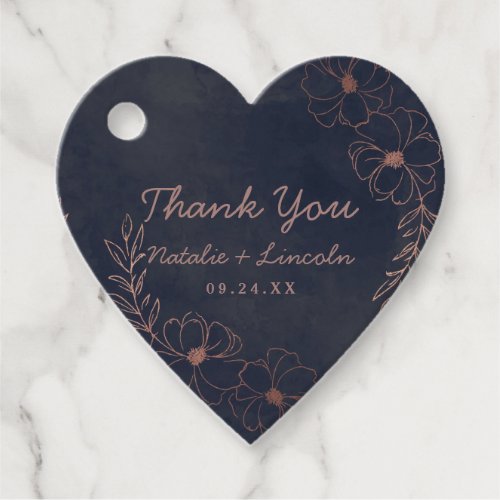 Navy Blue  Rose Gold Foil Floral Border Wedding Favor Tags