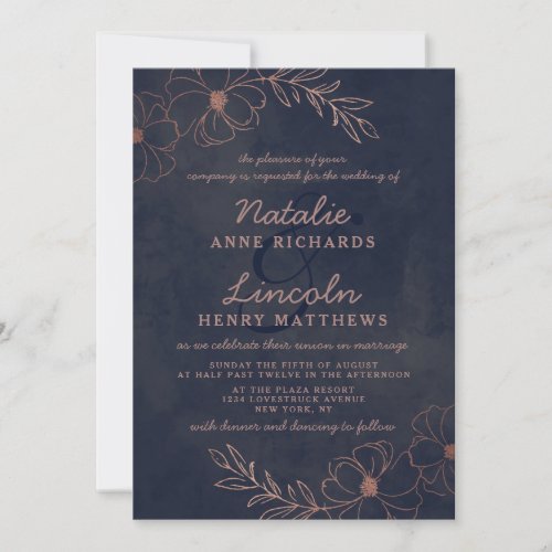 Navy Blue  Rose Gold Foil Floral Framed Wedding Invitation