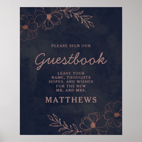 Navy Blue  Rose Gold Foil Floral Guestbook Sign