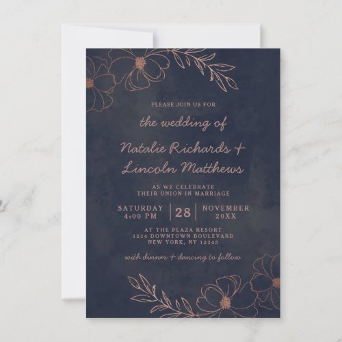 Navy Blue  Rose Gold Foil Floral Rustic Wedding Invitation