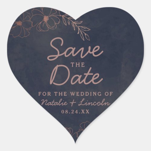 Navy Blue  Rose Gold Foil Floral Save the Date Heart Sticker