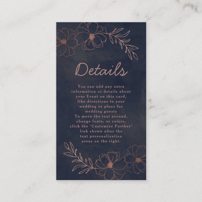 Navy Blue & Rose Gold Foil Floral Wedding Details Enclosure Card (Front)
