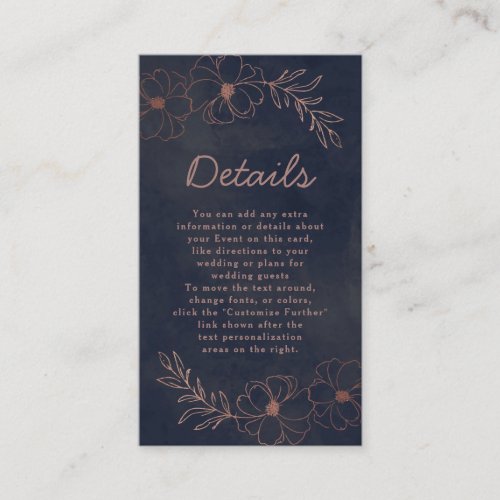 Navy Blue  Rose Gold Foil Floral Wedding Details Enclosure Card