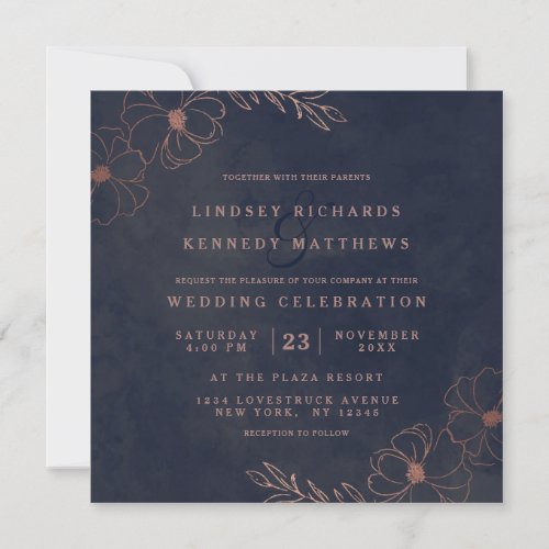 Navy Blue  Rose Gold Foil Floral Wedding Square Invitation