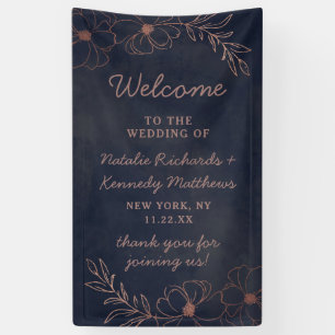 Navy Blue & Rose Gold Foil Floral Wedding Welcome Banner