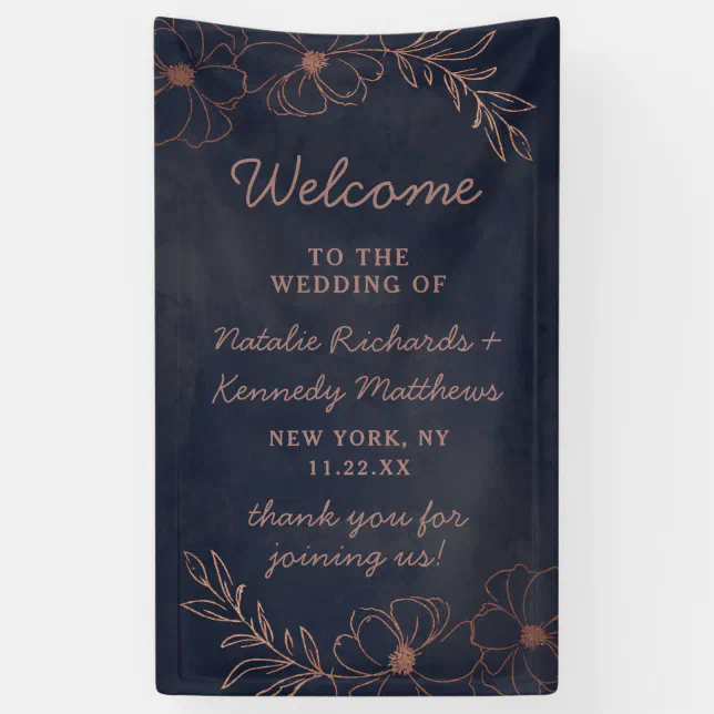 Navy Blue & Rose Gold Foil Floral Wedding Welcome Banner | Zazzle