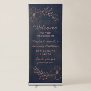 Navy Blue & Rose Gold Foil Floral Wedding Welcome Retractable Banner