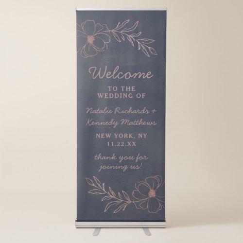 Navy Blue  Rose Gold Foil Floral Wedding Welcome Retractable Banner