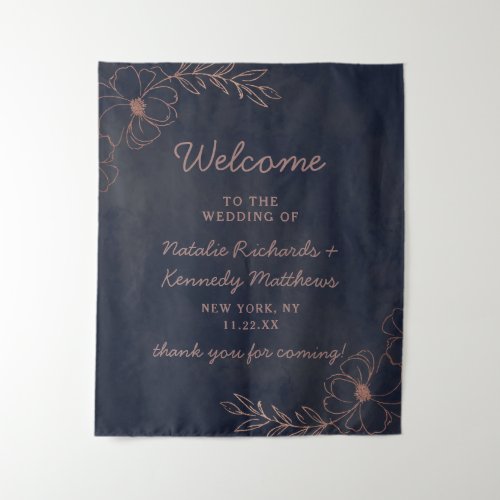Navy Blue  Rose Gold Foil Floral Wedding Welcome Tapestry