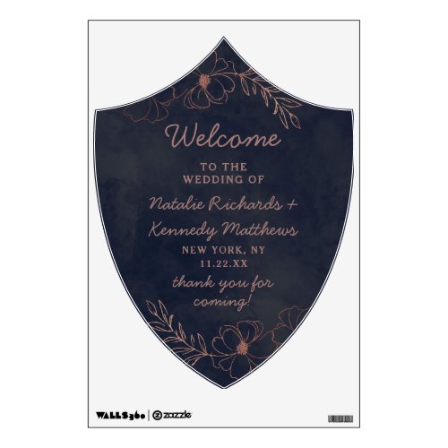 Navy Blue  Rose Gold Foil Floral Welcome Sign Wall Decal