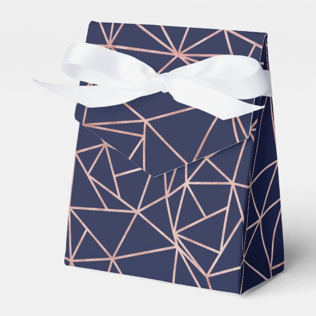 Navy Blue Rose Gold Foil Geometric Polygon Favor Boxes (Front Side)