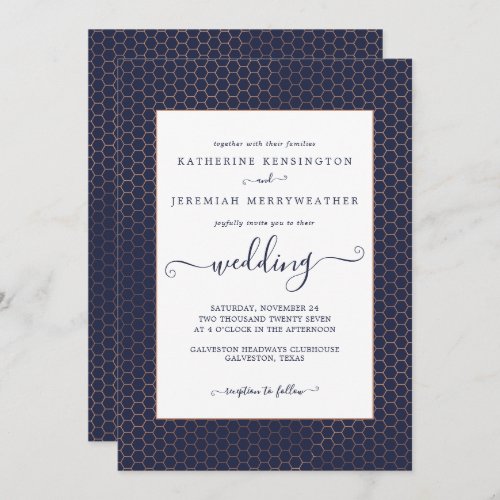 Navy Blue Rose Gold Foil Geometric Wedding Invitation